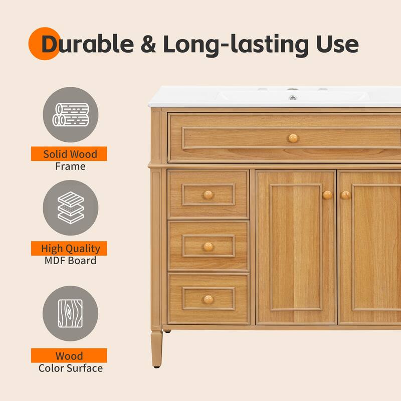 36" Bathroom Vanity with Sink, Solid Wood Frame Bathroom Storage Cabinet, Natural Wood - 36 Inch