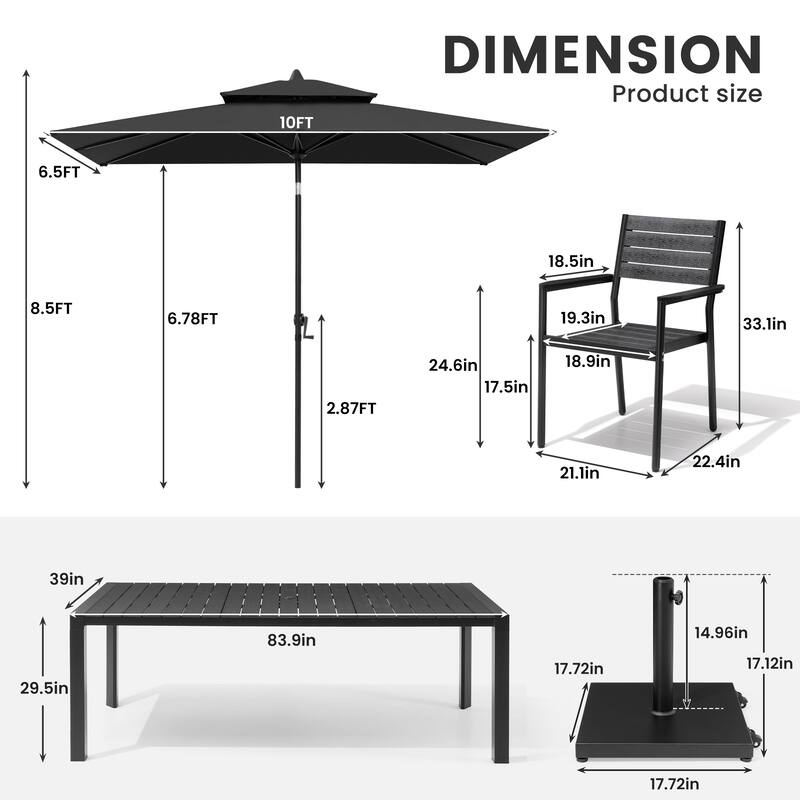 9/11-Piece Patio Dining Set Aluminum Dining Table and Chairs w/10 ft Market Umbrella and Base with Wheels
