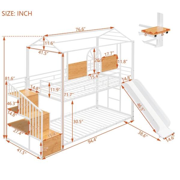 White House-shaped Metal Bunk Bed wHouse Roof Frame, Twin Over Twin Bed, Storage Stair, Slide for Teens Children Playhouse Bed