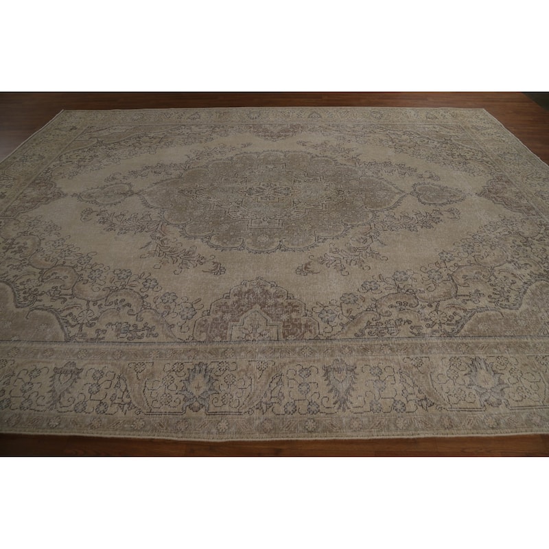 Tabriz Persian Vintage Rug Handmade Oriental Beige Wool Carpet - 9'6" x 12'10"