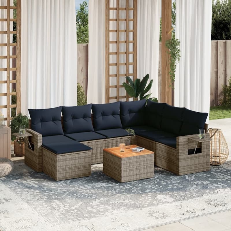 vidaXL 8 Piece Patio Sofa Set with Cushions Gray/Black Poly Rattan - 24.4" x 24.4" x 27.2" - Grey and navy blue  - form2
