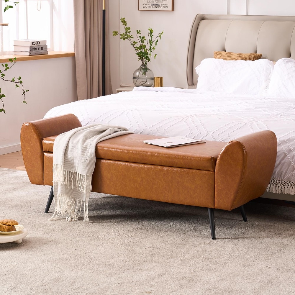 Upholstered 55"W Flip Top Storage Bench Bedroom Bench Modern End of Bed Bench for Entryway Hallway Window with Gold Legs