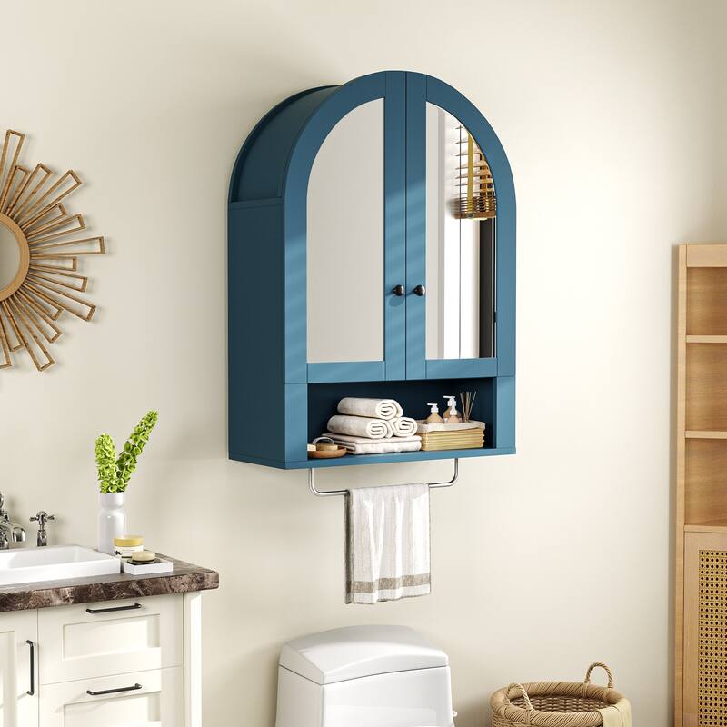 Wall Mounted Arched Cabinet with Mirrored Doors and Adjustable Shelves for Laundry Room, Bathroom, Kitchen