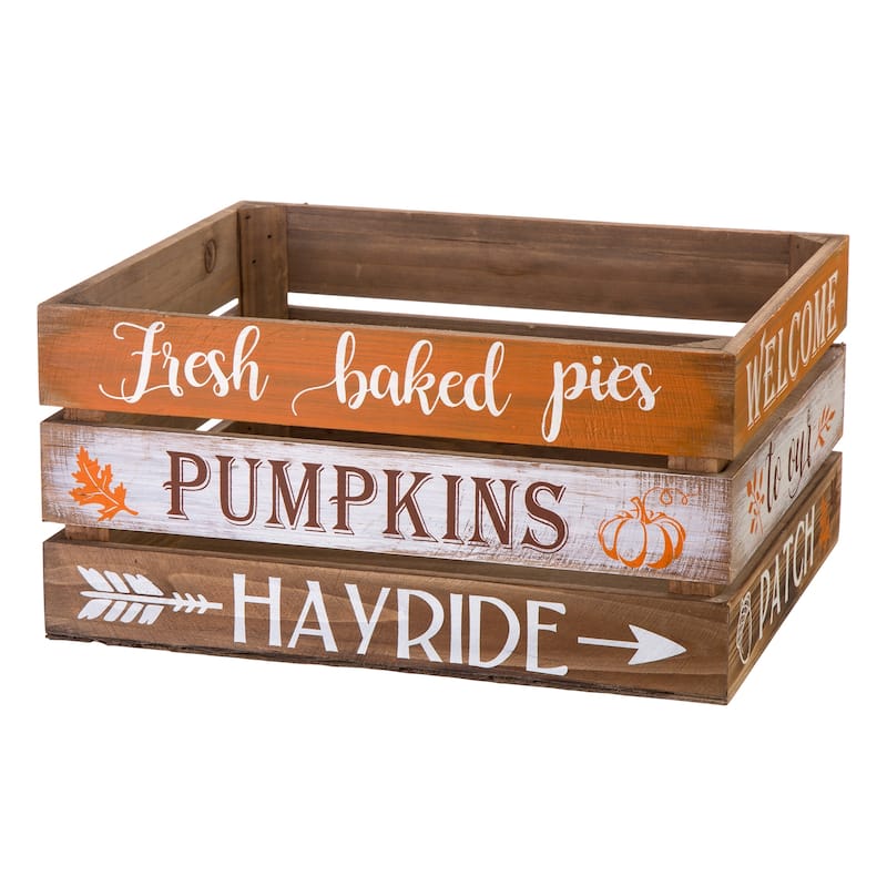 Glitzhome Set of 2 Fall Harvest Wood Crate Farmhouse Autumn Decorative Storage Gift Boxes Porch Decor