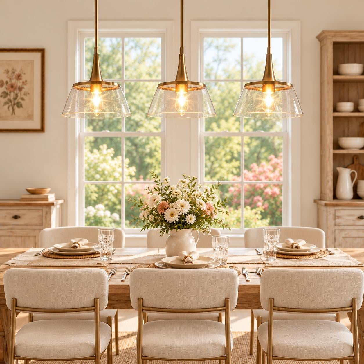LALUZ Modern Gold 1-Light Seeded Glass Pendant Light for Kitchen Island Sink - D 9" x H 8"