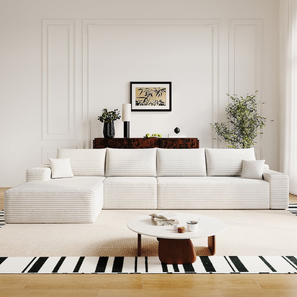 Plush Corduroy Upholstered L-shaped Sectional Sofa with Chaise, Modular Deep Seat Couch with Pillows for Living Room