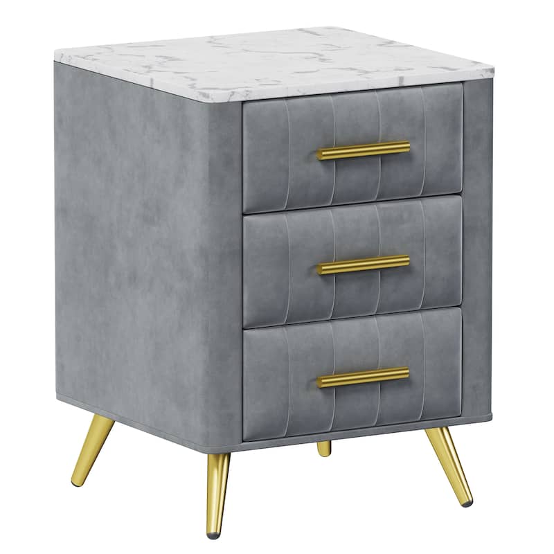 Upholstered Wooden Nightstand Featuring Three Drawers With Metal Legs And Handles.