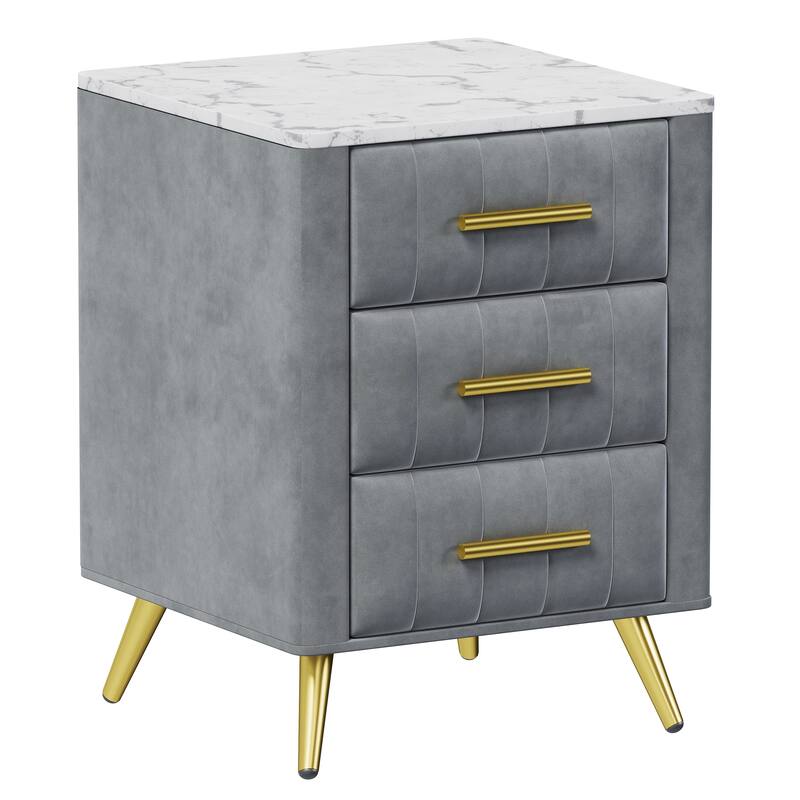 Upholstered Wooden Nightstand with 3 Drawers and Metal Legs&Handles, Bedside Table with Marbling Stickers Worktop - Grey