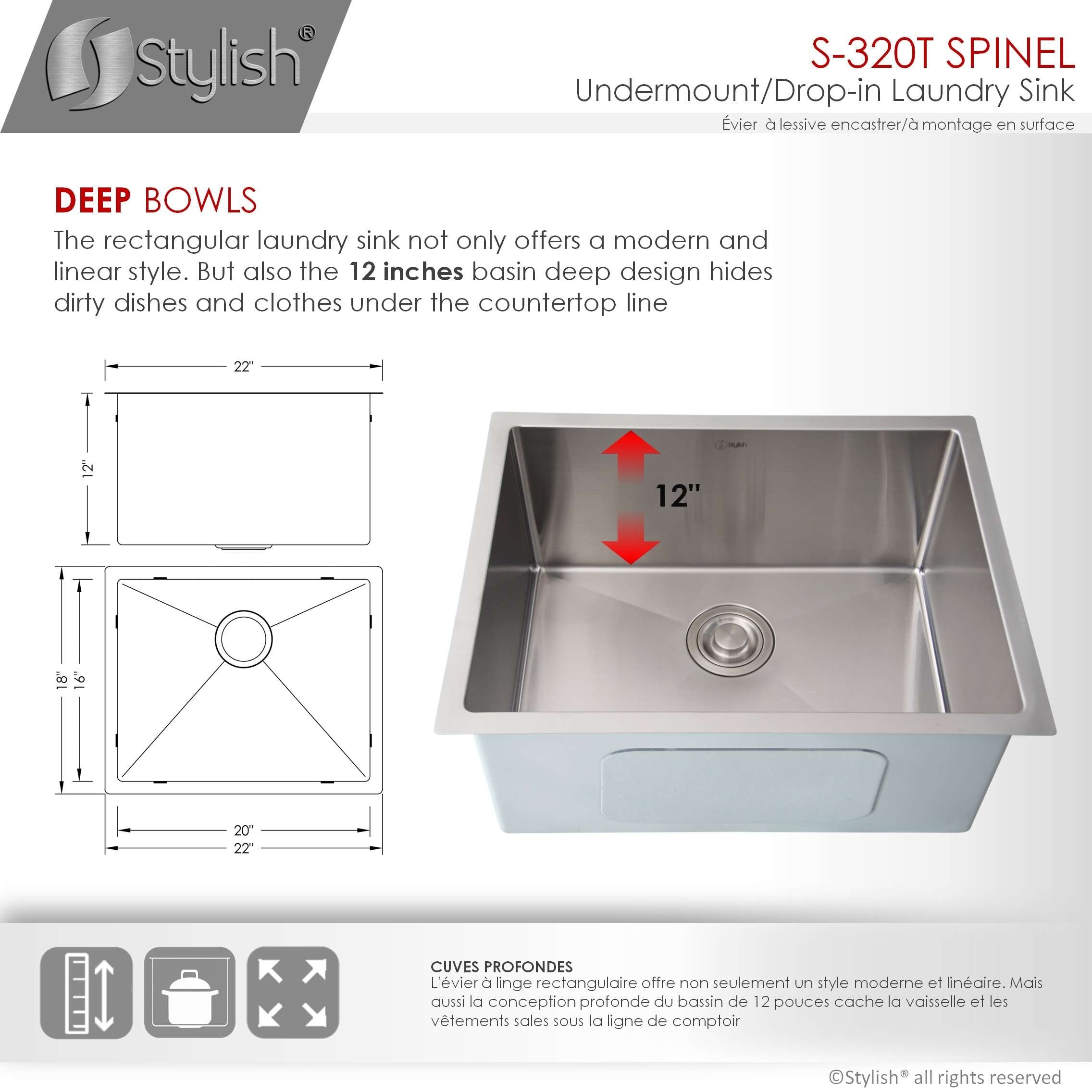 STYLISH 22 inch Stainless Steel Dual Mount Laundry Utility Sink