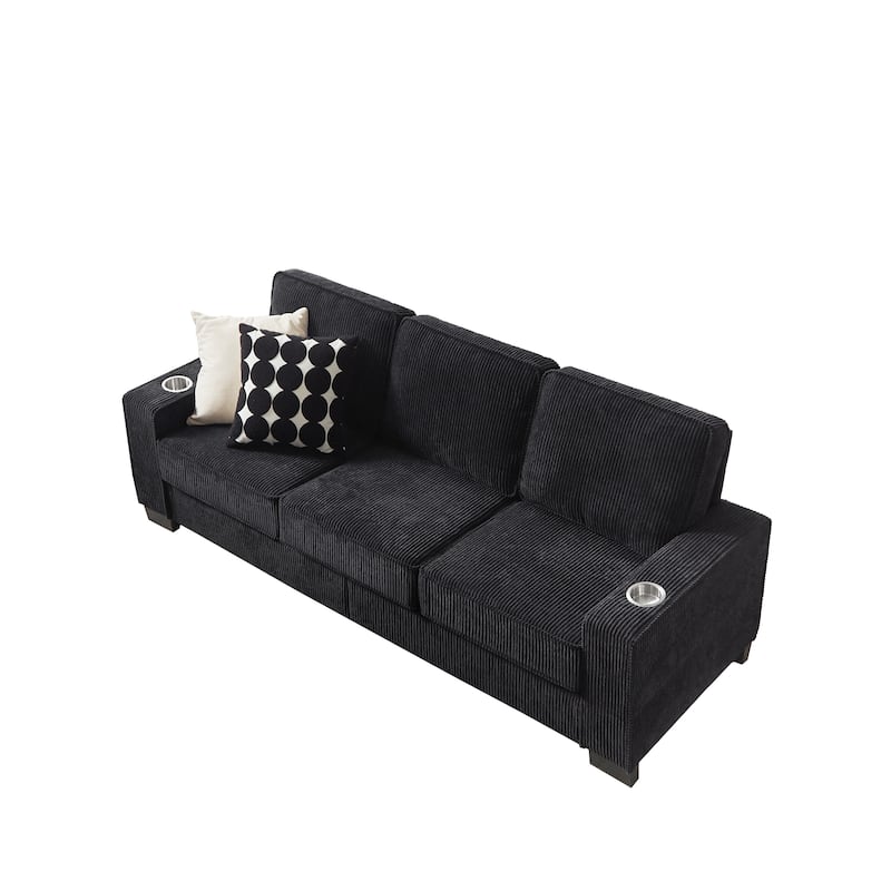 84.25" Corduroy 3-Seater Sofa, Cup Holder Armrests and Spring Cushions