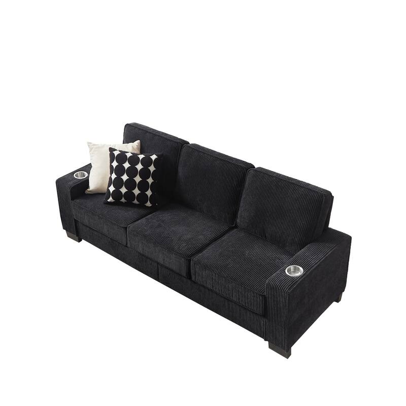 84.25" Corduroy 3-Seater Sofa with Cup Holder Armrests - High-Density Sponge and Spring Cushions