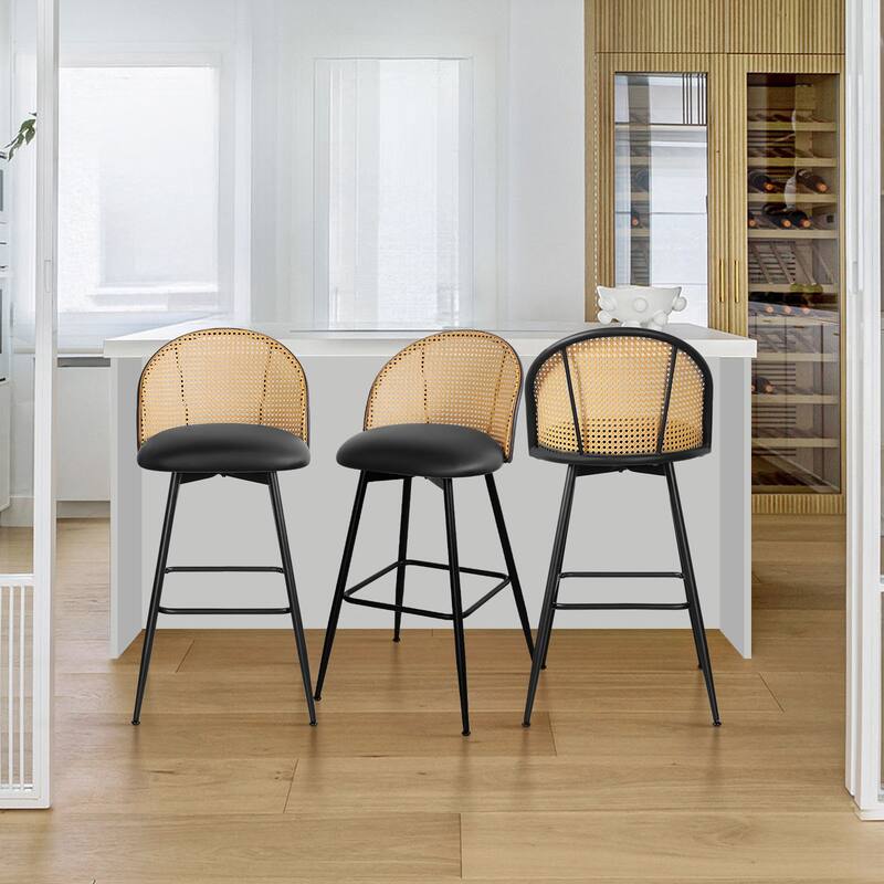 Upholstered Swivel Counter/ Bar Stools with Rattan Back