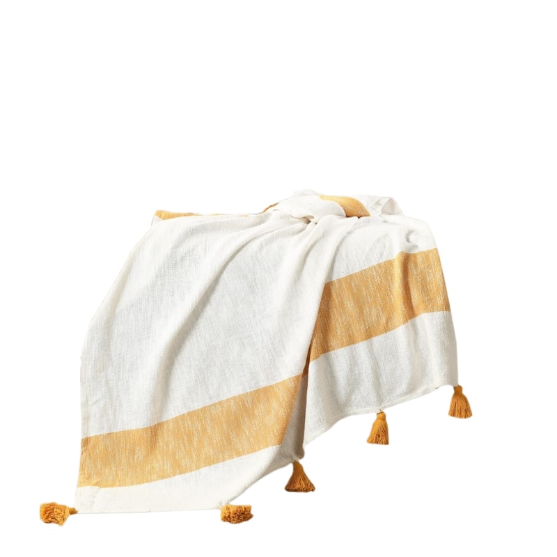 50" X 60" Yellow Woven Cotton Striped Throw Blanket with Tassels