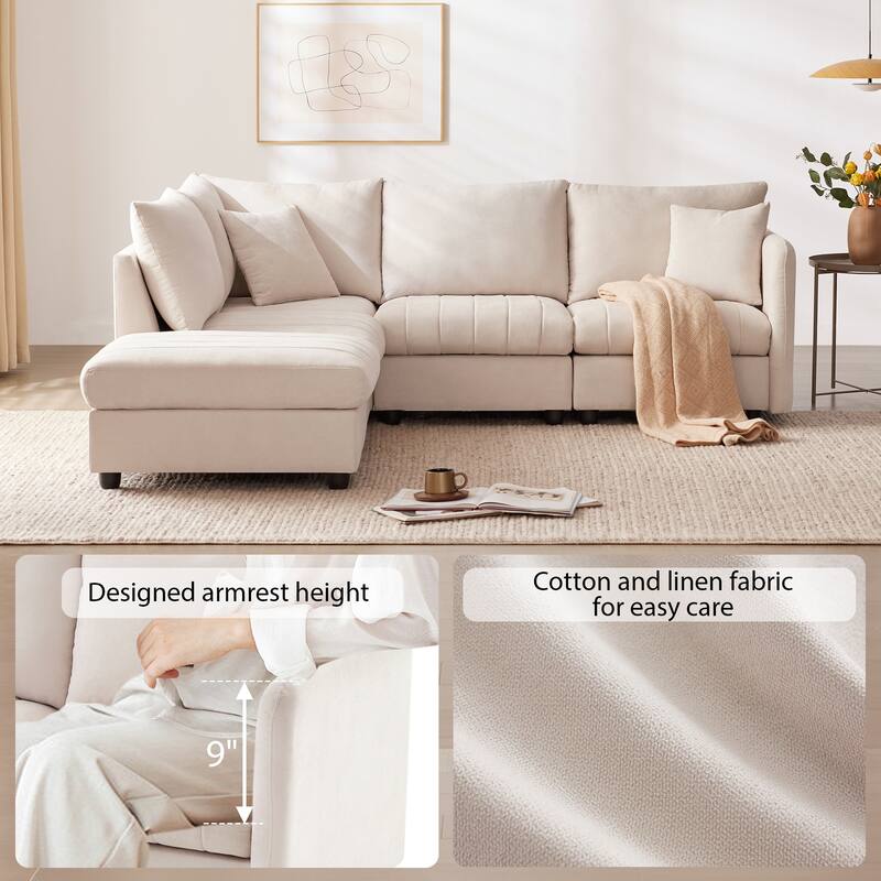 Modular L-Shaped Sectional Sofa with Movable Ottoman, 5 Seat Corner Couch with Throw Pillows, Comfy Cloud Upholstered Sofa