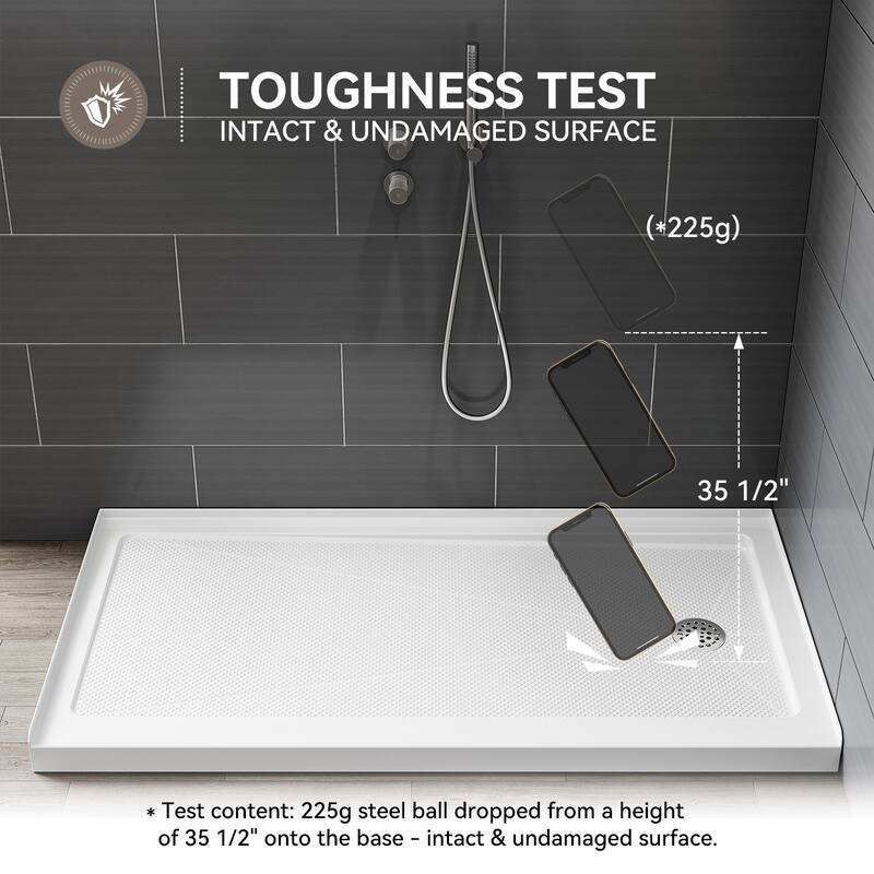 HOROW 60 x 30 Inch Alcove Shower Pan Base in High Gloss White with Wide Threshold Design - Right Drain Location