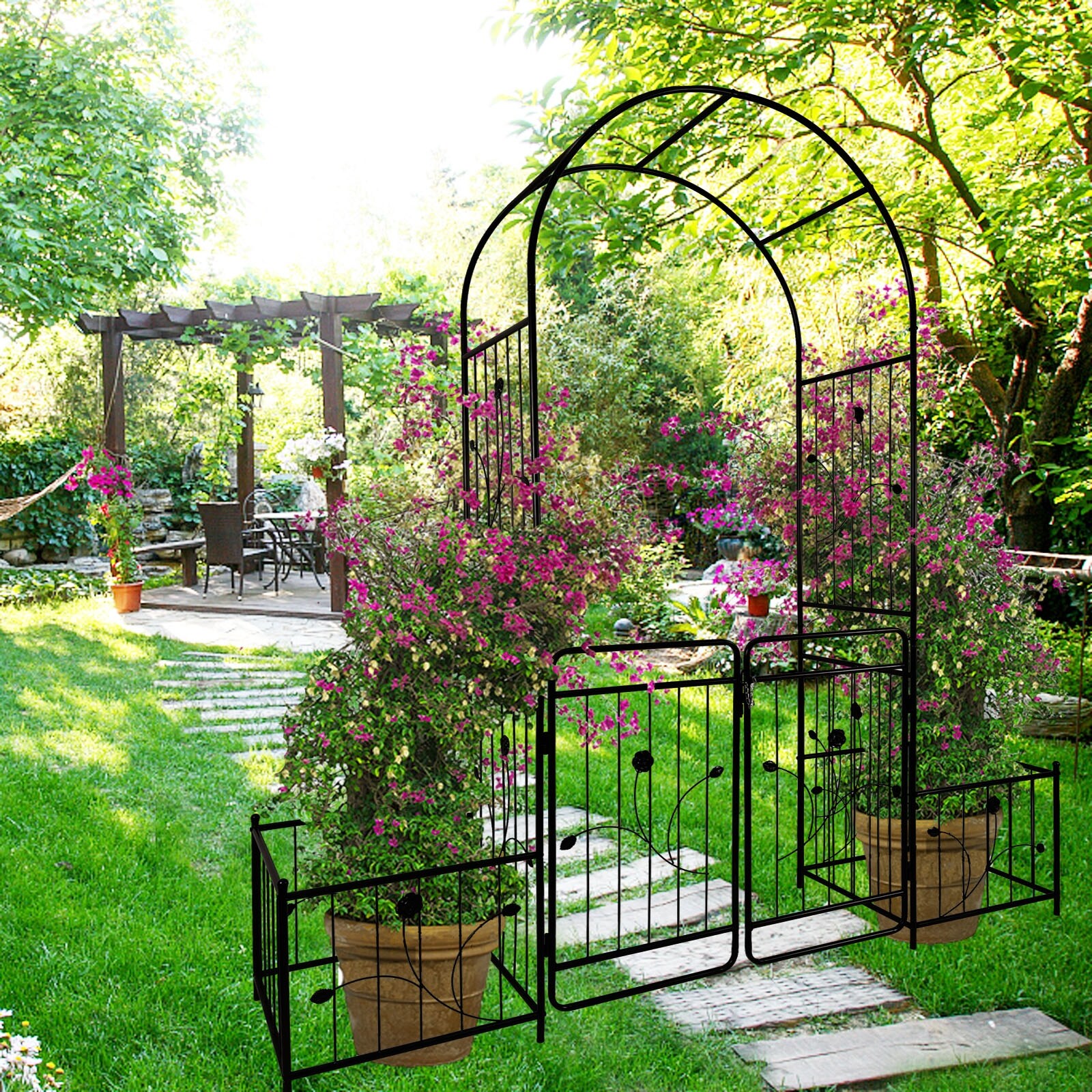 Metal Garden Arch with Gate 79.5 Wide x 86.6 High Climbing Plants Support Rose Arch Outdoor Black