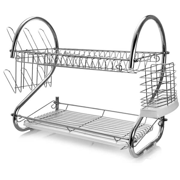 Basicwise Stainless Steel Dish Rack with Plastic Drain Board and Utensil Cup
