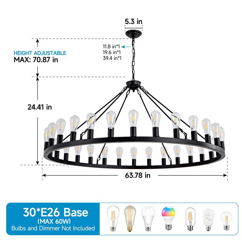 64 Inch Matte Black Wagon Wheel Chandelier With 30-Lights (No Bulbs)-E26