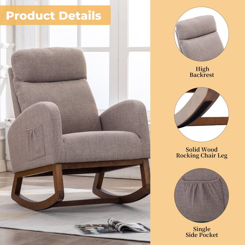 Grey Modern 27" Upholstered Rocking Chair with Wood Legs and Side Pocket