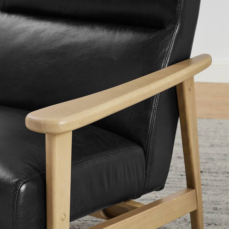 Modern Genuine Leather Accent Armchair with Natural Solid Wood Frame