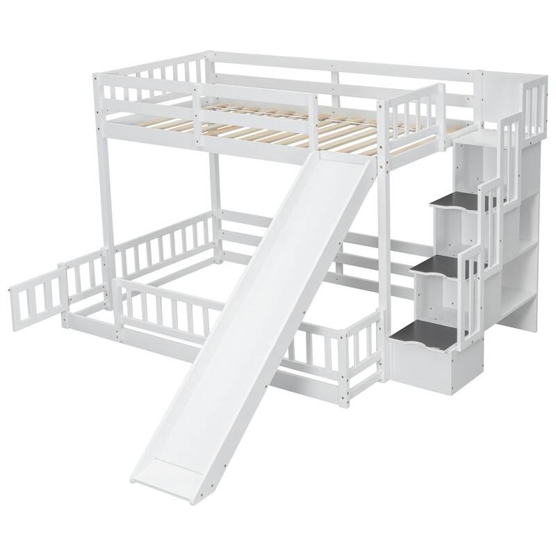 Twin Over Full Multifunctional Kids Bunk Bed Frame with Slide, Wooden Loft Bed with Storage Staircase and Guardrails