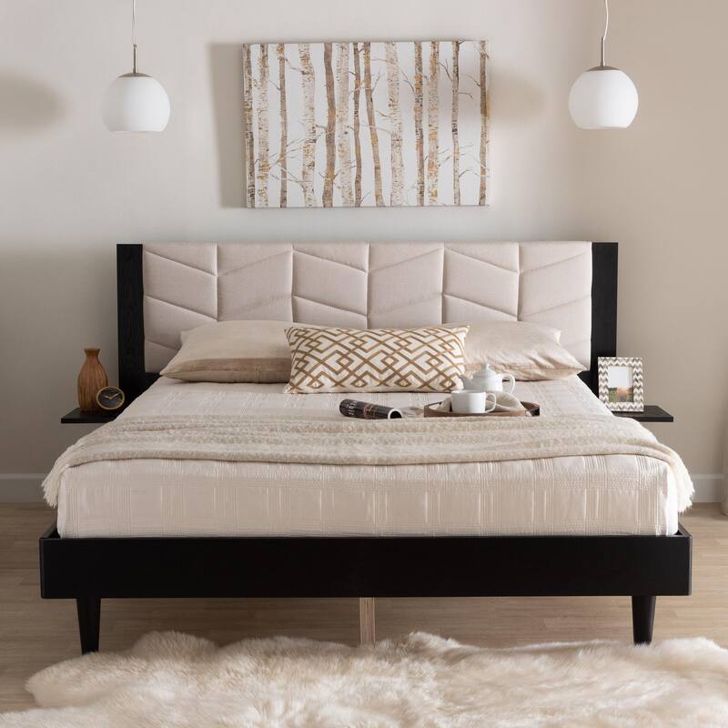 Adriano Transitional Beige Fabric and Black Wood Queen Size Bed with Built-In Side Tables
