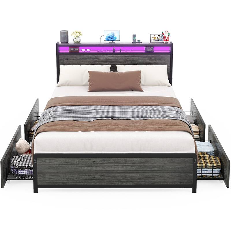 Platform Bed with Hiden Drawers, Bed Frame with Headboard and Charging Station