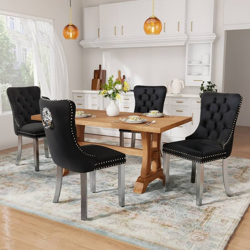 Tufted Naliheads Solid Wood Upholstered Dining Chairs (Set of 4) - Black SliverLegs