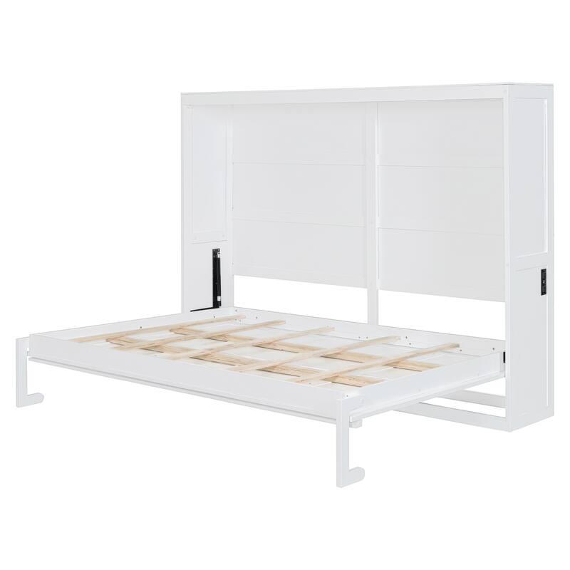 Full Size Murphy Wall Bed with Flexible Slats and Space-Saving Cabinet, White or Gray Finish