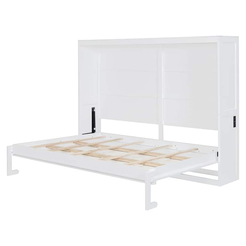 Murphy Bed Cabinet Bed with Circular Carving Pattern and Built-in Charging Station for a Multi-use Guest Room, Home Office