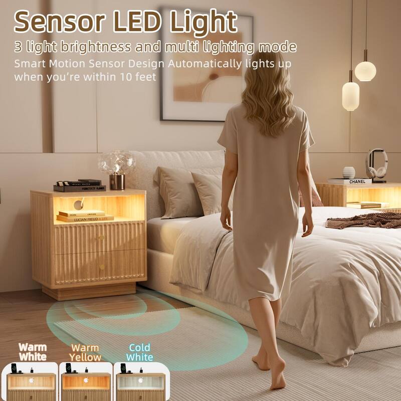 22''.72 W LED Sensor Nightstand w/Storage and Built-in Charging Station