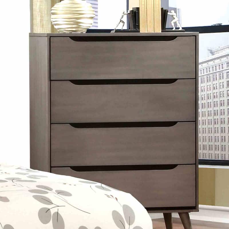 Mid-Century Modern Gray Wood Bedroom Furniture Set Bed Mirror Dresser Chest Nightstand