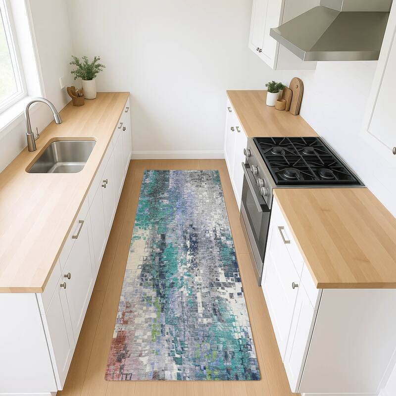 Machine Washable Indoor/ Outdoor Abstract Pixels Chantille Rug