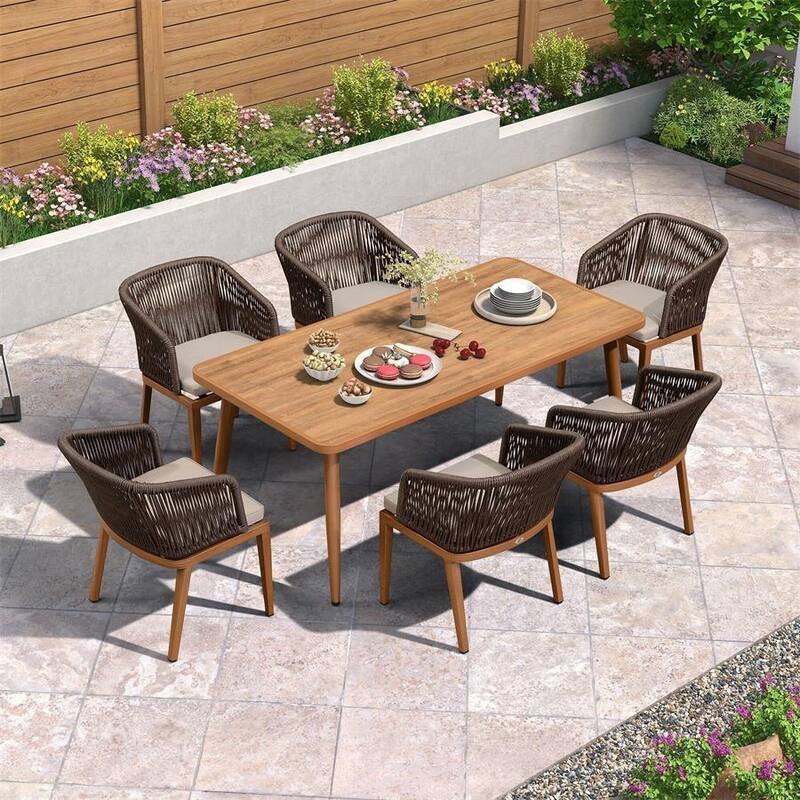 PURPLE LEAF Outdoor Dining Set Teak Aluminum Patio Furniture Set Dining Table And Wicker Chairs - Updated Brown (6 people, rectangular)