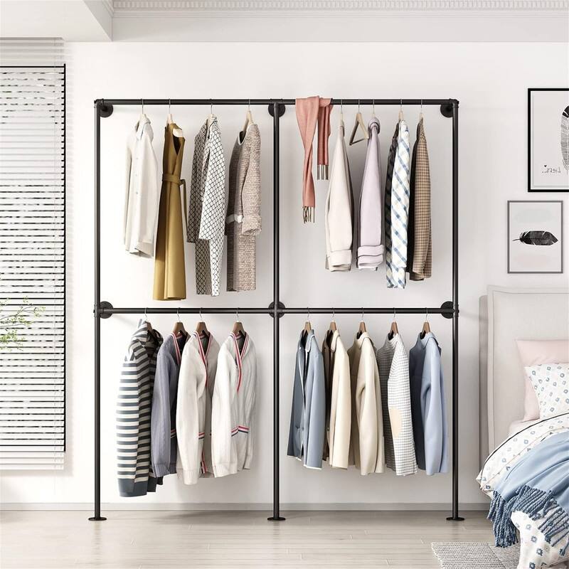Industrial Pipe Clothing Rack Wall Mounted - 11.8"D x 71"W x 82.6"H