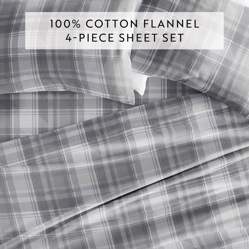 Becky Cameron Plaid 4 Piece 100% Cotton Brushed Flannel Deep Pocket Bed Sheet Set