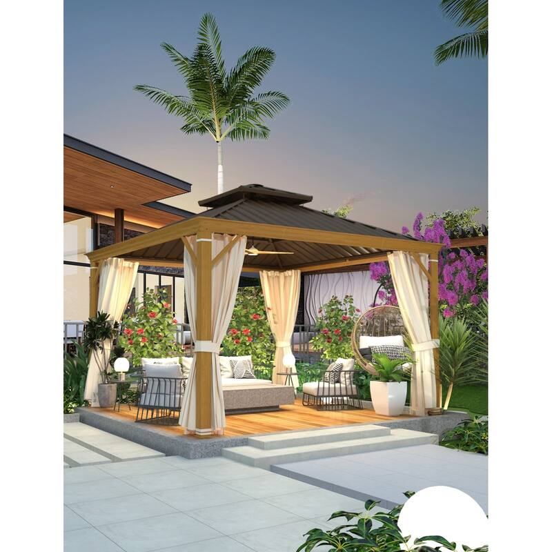 EROMMY Hardtop Patio Gazebo with Double Roof and Privacy Curtains, 12x16 FT Permanent Outdoor Metal Gazebo for Backyard, Deck