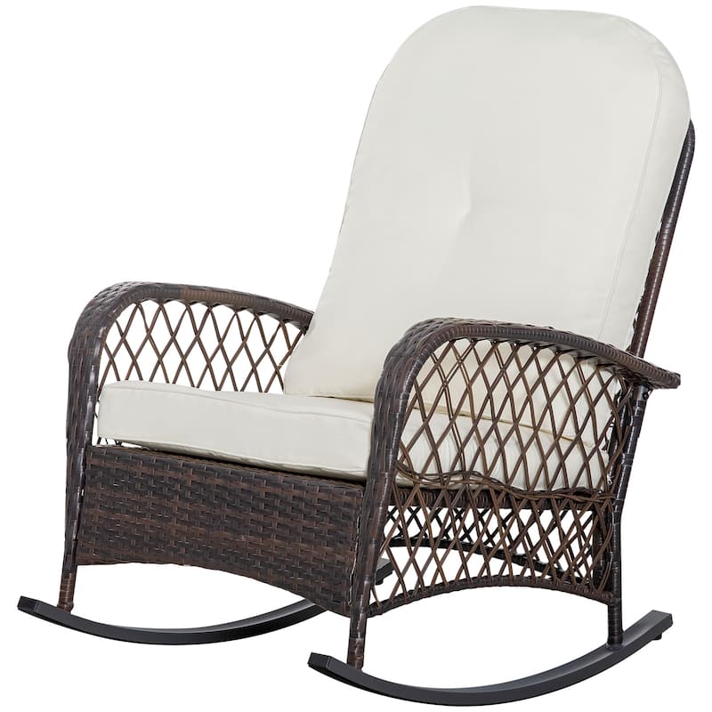 Outsunny Outdoor Wicker Rocking Chair with Cushion and Steel Frame, High Weight Capacity for Patio, Garden, Backyard