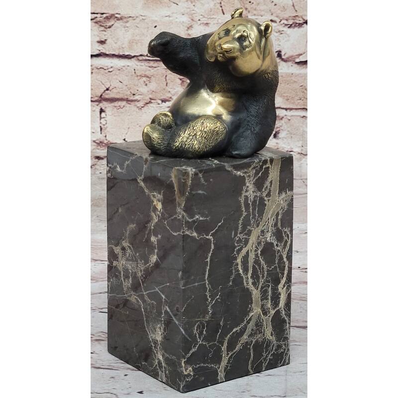 Real Bronze Panda Bear Bronze Figurine Sculpture On Marble Base By Milo
