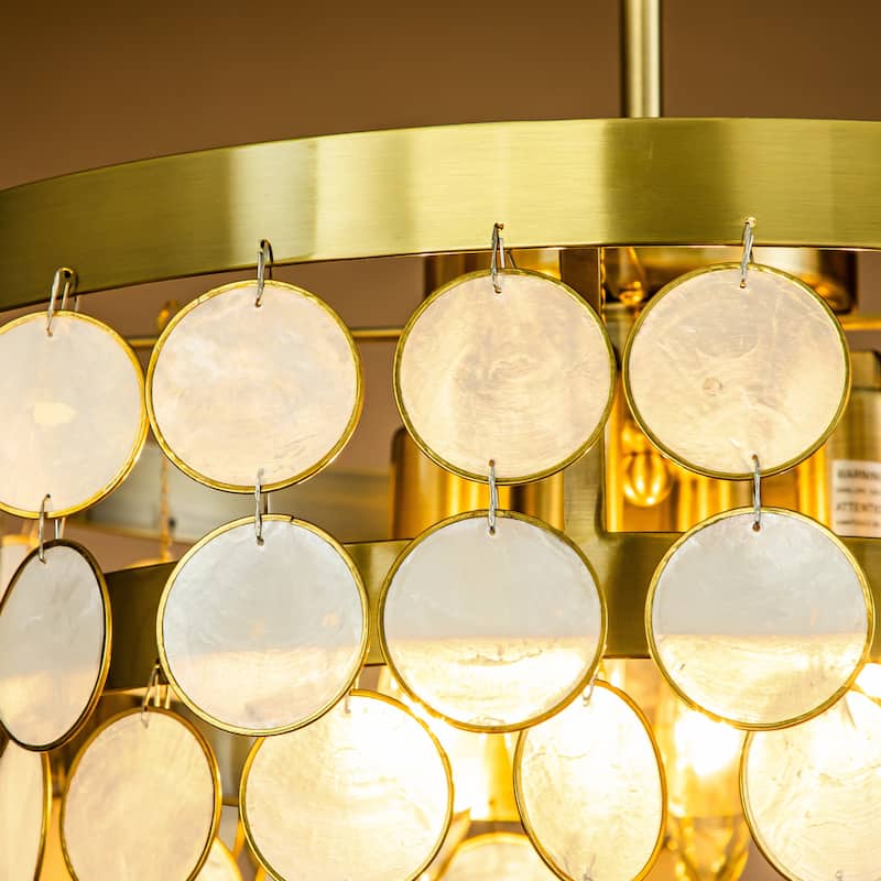 4-Light Round Coastal Capiz Shells Tiered Chandelier With Antique Gold Metal-Open Box