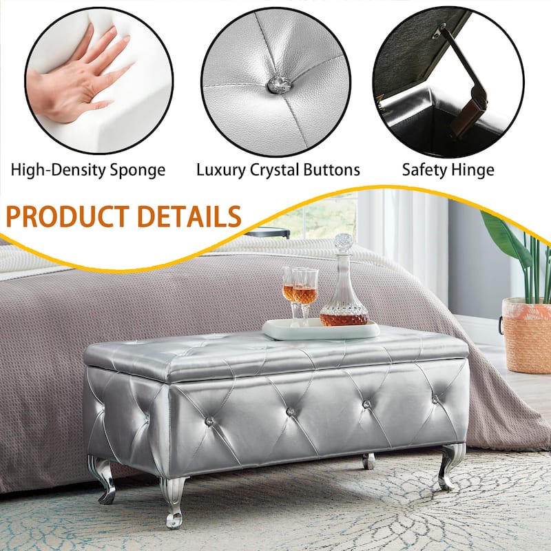 Silver Faux Leather Upholstered Storage Ottoman Bench with Crystal Buttons