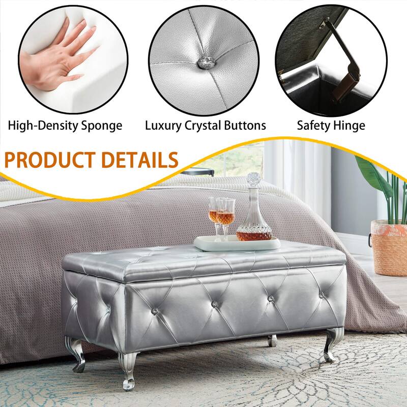 Storage Bench Leisure Stool with Safety Hinged Flap, End of Bed Decorative Bench with Crystal Buttons and Metal Legs