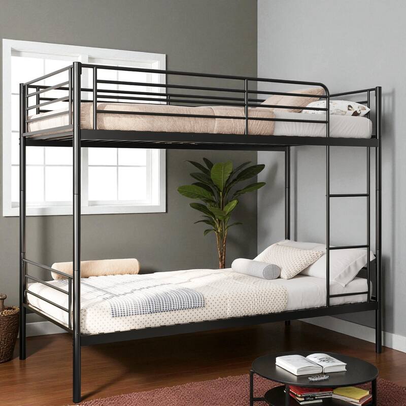 Twin Over Twin Metal Bunk Bed with Ladder, High Guardrails, Convertible to Two Beds, Noise-Free Frame & Storage Space