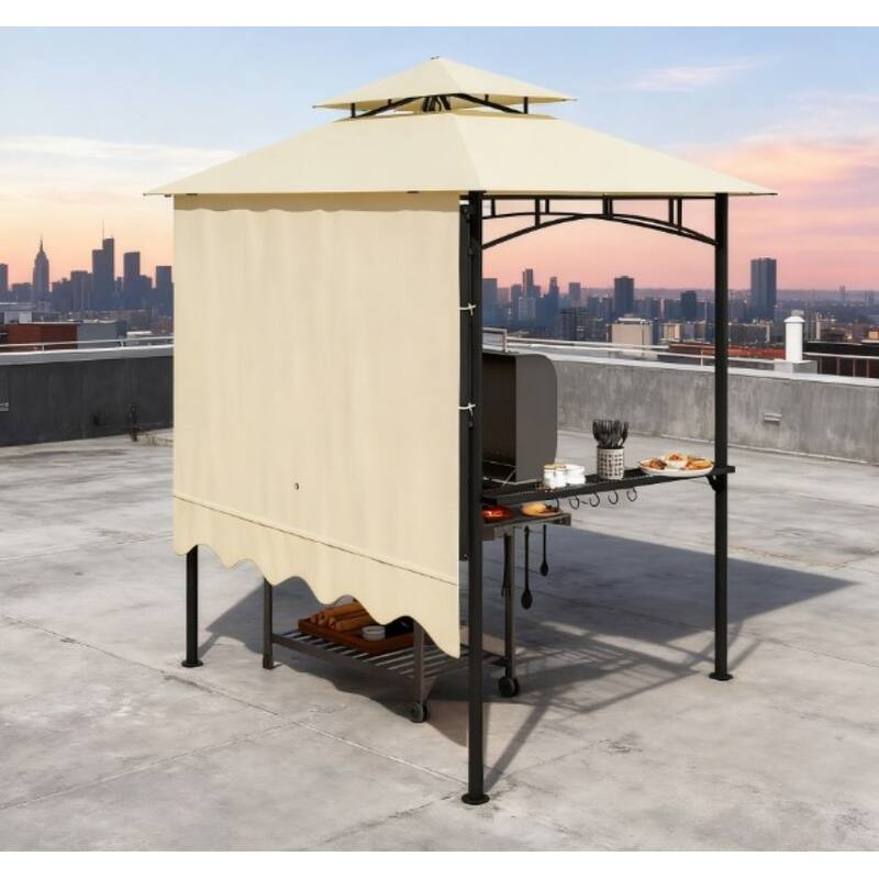 GDFStudio - Outdoor 8'x4.9' Double-Top Grill Gazebo with Adjustable Awning - Beige