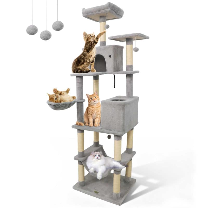 Gymax 80'' Tall Cat Tree w/2 Condos Sisal Scratching Posts Plush Perch - Light Grey