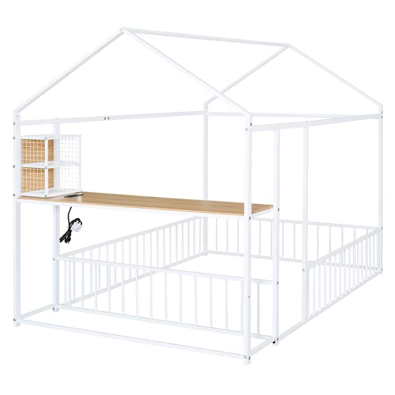Full Size Metal Bed House Bed Frame with Desk, Shelves, Power Outlets and USB Ports, White