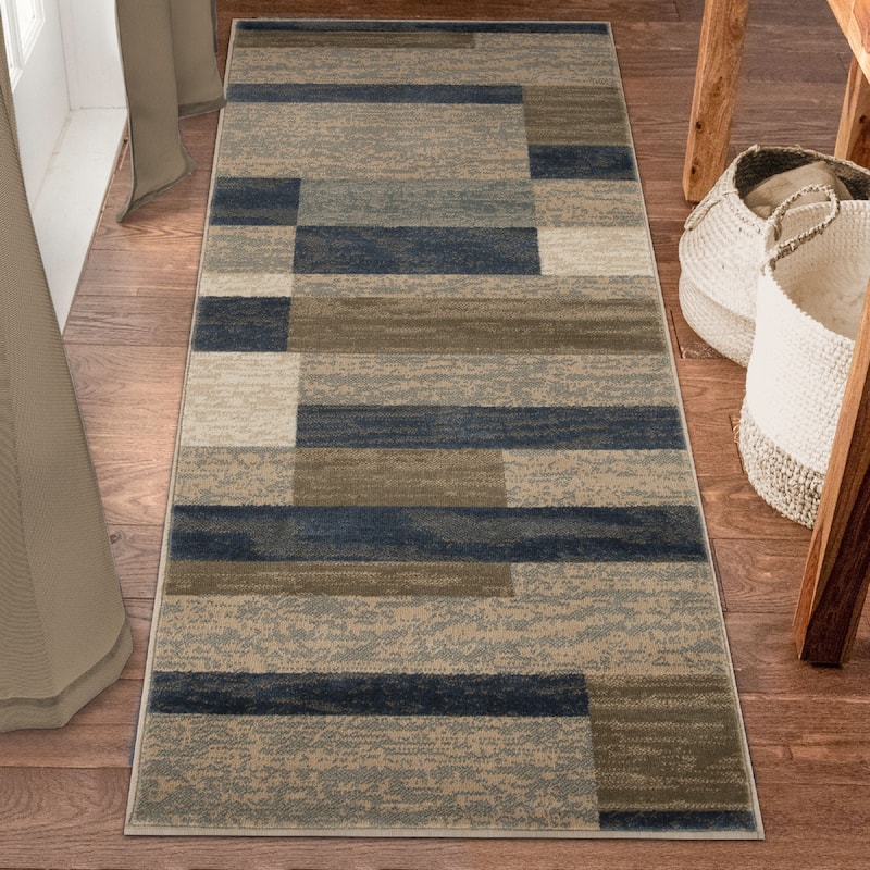 Geometric Modern Patchwork Indoor Area Rug or Runner by Superior - 2' 7" X 8' - Midnight Navy