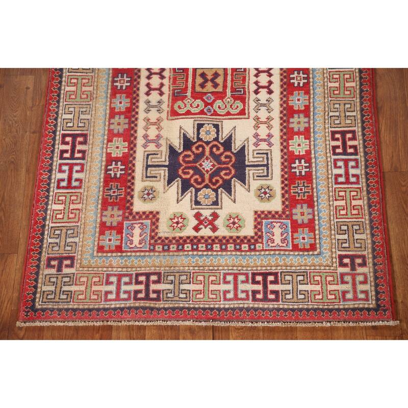 Geometric Beige Kazak Oriental Accent Rug Handmade Wool Carpet - 3'1"x 4'8"