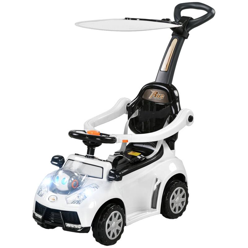 3-in-1 Baby Push Car, Foot-to-Floor Ride-On with Removable Handle, Canopy, Music & Horn for Ages 12-36 Months