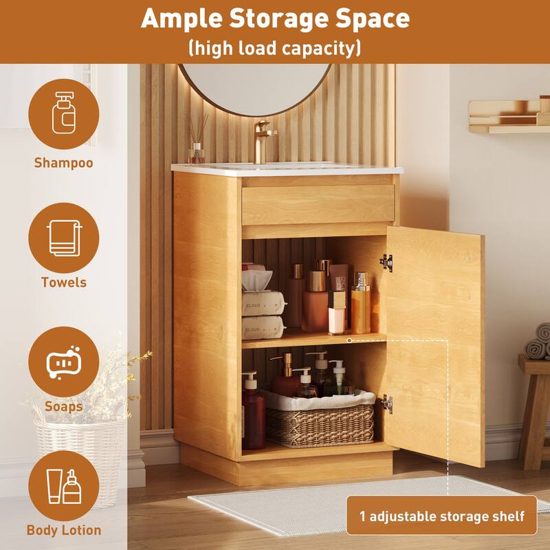 Roomfitters 20" Bathroom Vanity with Ceramic Sink, Freestanding Vanity Cabinet with Soft-Closing Door, Natural Wood Finish